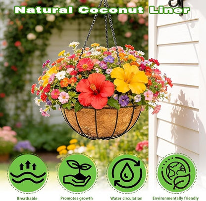 2 Pack 12 Inch Black Metal Hanging Basket Hanging Planter with Coco Coir Liner Heavy Duty Hanging Flower Pot Holder for Indoor Outdoor Patio Garden Porch Balcony Decor (Watermelon)