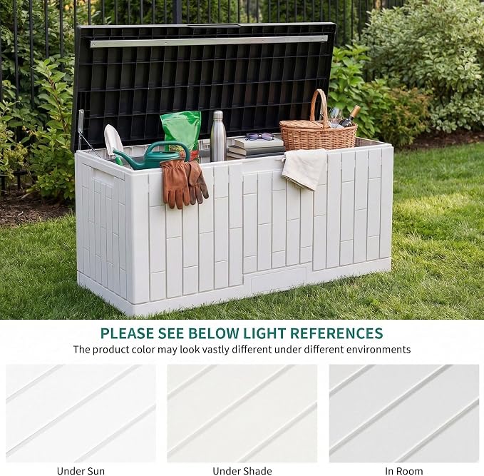 YITAHOME Large Deck Box 120 Gallon Resin Outdoor Storage Box | Patio Storage Bin for Outdoor Pillows, Garden Tools and Pool Supplies, Waterproof, Lockable, Grayish-White