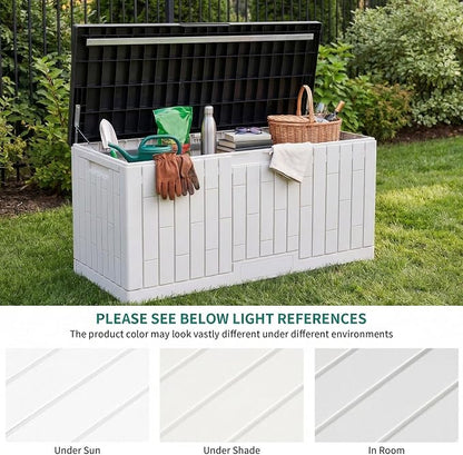 YITAHOME Large Deck Box 120 Gallon Resin Outdoor Storage Box | Patio Storage Bin for Outdoor Pillows, Garden Tools and Pool Supplies, Waterproof, Lockable, Grayish-White