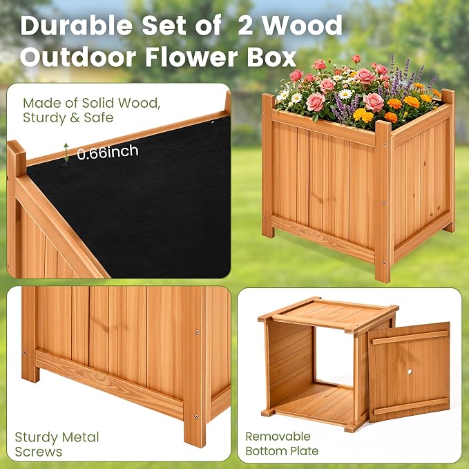 2-Pack 16" Square Fir Wood Planter Boxes with Drainage Holes | Set of 2 fir wood planters with removable bases, liners, and drainage holes for flowers, herbs, porch, patio, or garden