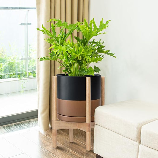 D'vine Dev Ceramic Planter with Natural Stand - 10 Inch Modern Round Flower Pot with Wood Planter Holder, Black/Speckled Tan, 55-B-K-7