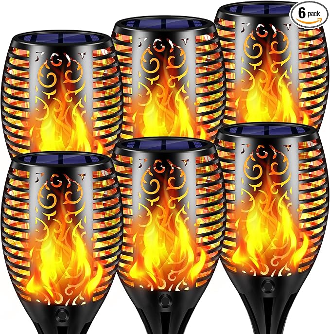 TomCare Solar Lights Outdoor Flickering Flame Solar Torch Lights Waterproof Outdoor Lighting Solar Powered Pathway Lights Christmas Decorations for Garden Patio Yard Landscape, 6 Pack