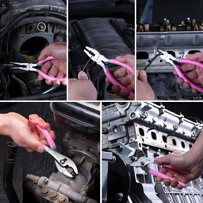 WORKPRO 7-Piece Pliers Set - Pink Ribbon | Groove Joint Plier, Long Nose Plier, Slip Joint Pliers, Linesman Pliers, Diagonal Pliers for DIY & Home Use