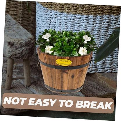 DOITOOL Wooden Barrel Planter 10.2 Inch Round Whiskey Barrel Flower Pot Rustic Wooden Flower Bucket with Handle for Indoor Outdoor Garden Balcony