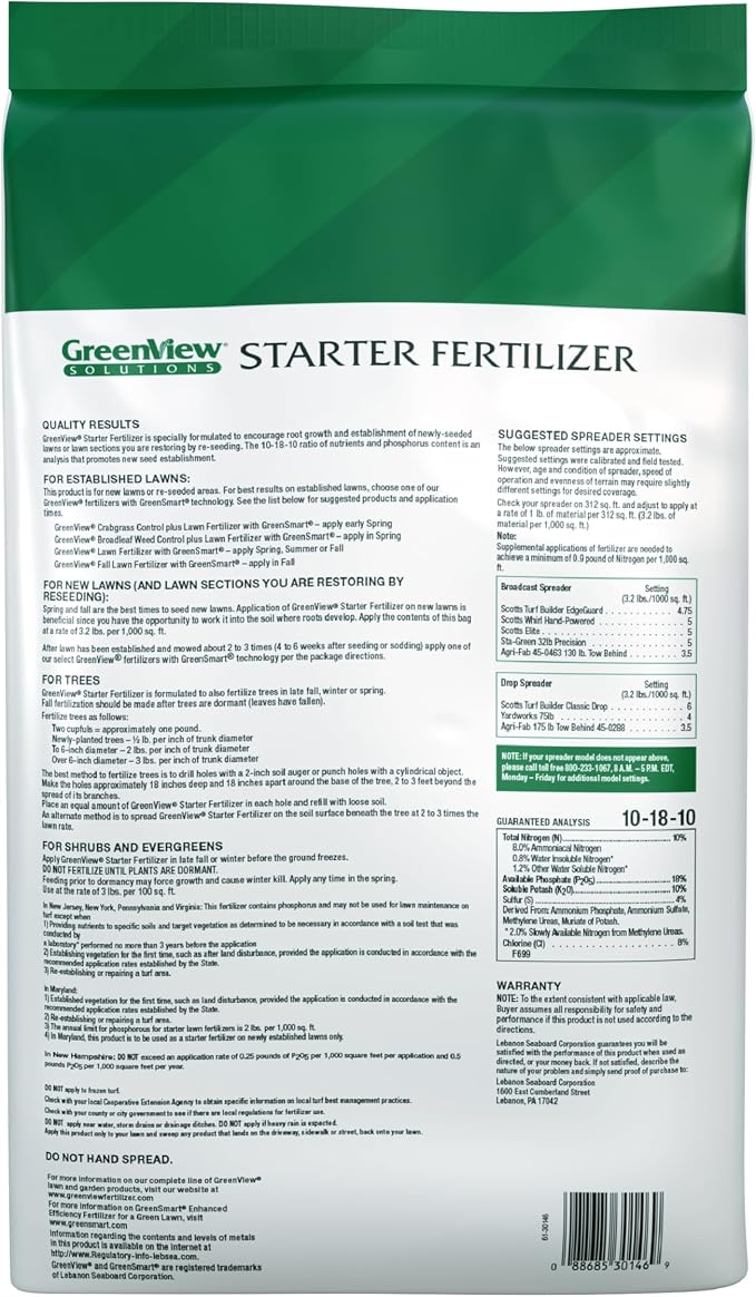 GreenView Solutions Starter Feritlizer 48 lb. Bag, Covers 15,000 sq. ft | 10-18-10 NPK formula - Ideal for newly seeded lawns and bare spots - Feeds the lawn for up to 8 weeks