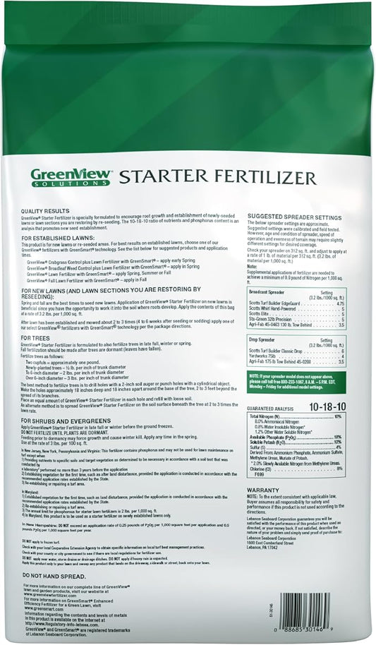 GreenView Solutions Starter Feritlizer 48 lb. Bag, Covers 15,000 sq. ft | 10-18-10 NPK formula - Ideal for newly seeded lawns and bare spots - Feeds the lawn for up to 8 weeks