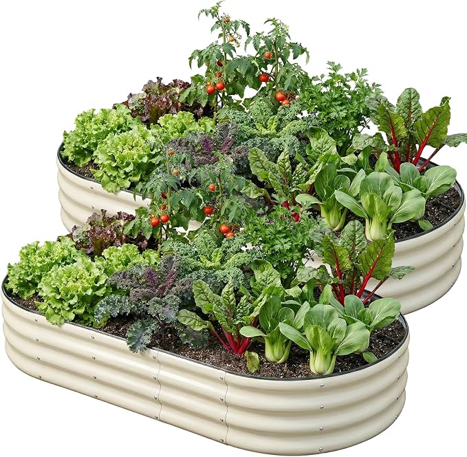 SnugNiture 2 Pcs 6x3x1ft Oval Metal Raised Garden Bed for Vegetables, White | Protective rubber edging strips thickened corrugated galvanized steel