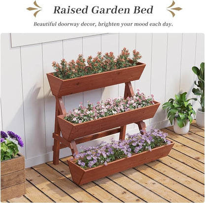 Kitsanery 3-Tiers Wooden Raised Garden Bed,Wood Planter Box for Vegetable,Flower Rack,Flower Pot Stands,Indoor Outdoor Gardening Planting Beds (Brick red, Large)
