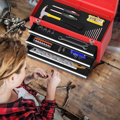 Goplus Tool Box with 3 Drawers, 4-Tier 20.5" Portable Tool Chest Organizer with Top Tool Tray, Auto Lock, Protective Liner, Handle, Steel Metal Small Toolbox for Gargae, Workshop, Home