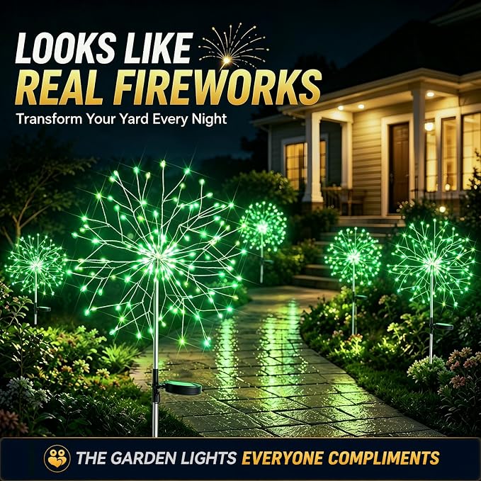 suddus Solar Garden Lights Outdoor - 150 LED Green Firework Lights Waterproof with 8 Modes, Solar Stake Lights Decorations for Outside Yard Pathway Flower Bed Halloween Decor (2 Pack)