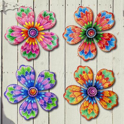 Giyyomtr Metal Flowers Wall Decor - 4pcs Metal Wall Art Hanging Decorations for Outdoor Fence Garden Yard Patio Decor