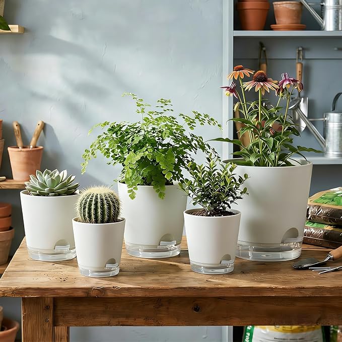 GARDIFE 2026 Upgraded Self Watering Plant Pots with Drainage Hole, 8/7/6.5/6/5.5/5/4 Inch Flower Planting Containers for House Plants, African Violet, Flowers, Cactus (White, 8+7+6.5+6+5.5+5+4 inch)