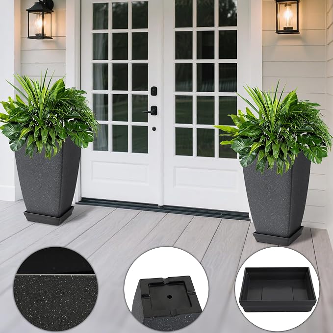 Neoaider Set of 2 Tall Planter, 21 inch Large Plastic Planter, Cement Gray | Ceramic-Look, Lightweight, Built-in Drain Hole, Saucers, Tall Outdoor Planter for Porch, Garden, Patio, Balcony