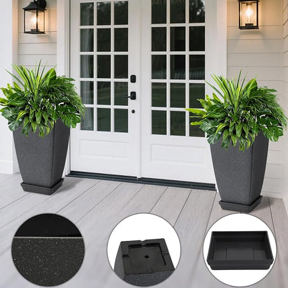Neoaider Set of 2 Tall Planter, 21 inch Large Plastic Planter, Cement Gray | Ceramic-Look, Lightweight, Built-in Drain Hole, Saucers, Tall Outdoor Planter for Porch, Garden, Patio, Balcony