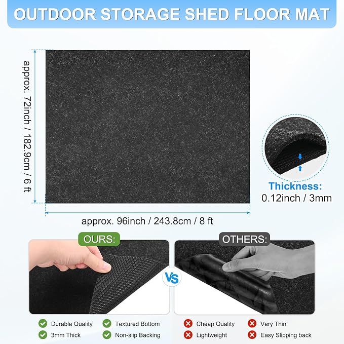 M METERXITY 3 mm Thickened Outdoor Storage Shed Mat, 6x8 ft Waterproof Shed Flooring Mat for Patio Furniture Floor Protecting from Wear/Liquid/Dust/Oil, Non-Slip Felt Rubber Rug Pad [Grey]