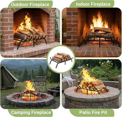 24 Inch Fireplace Grate, 1/2" Solid Steel Fireplace Log Holder, Heavy Duty Firewood Log Burning Rack with 7 Support Bars & 6 Support Legs for Indoor Outdoor Camping