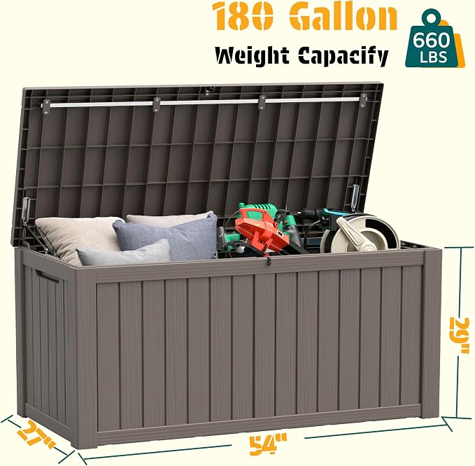 NUNU LAB 180 Gallon Outdoor Storage Box Waterproof, Outside Package Delivery Deck Boxes with Lockable Lid, Backyard Storage Bin For Garden Tools, Patio Cushions, Gray