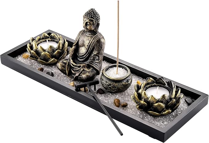 Jovivi Zen Garden Set Buddha Statue 2 Lotus Tealight Candle Holders, Mallet & Rocks and Crystals & Incense Burner Stick Holder Bowl & Wood Tray for Yoga Meditaion Home Table Decor Gift