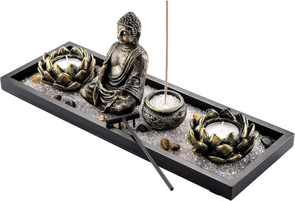 Jovivi Zen Garden Set Buddha Statue 2 Lotus Tealight Candle Holders, Mallet & Rocks and Crystals & Incense Burner Stick Holder Bowl & Wood Tray for Yoga Meditaion Home Table Decor Gift