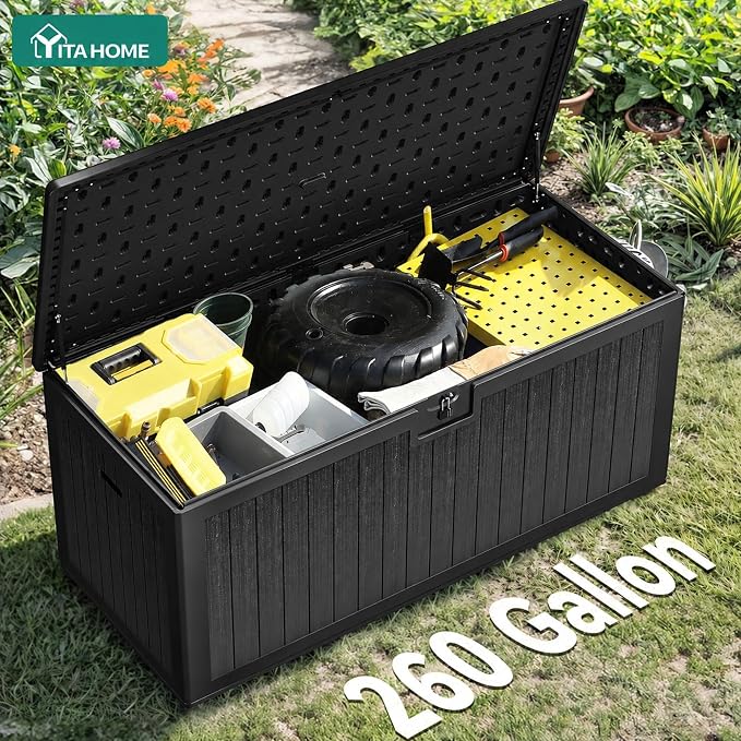 YITAHOME 260 Gallon Large Deck Box with Divider & Side Handles | Outdoor Double-Wall Storage for Patio Furniture Cushions, Garden Pool Accessories, Water Resistant & Lockable, Black