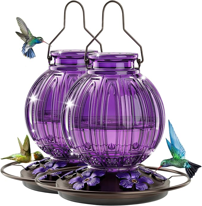 2 Pack Glass Hummingbird Feeder for Outdoors Hanging, Bird Nectar Feeder with Perch & 5 Flower Feeding Ports, 26 Oz Leak Proof for Outside Garden Decor Backyard, Gifts for Women Mom, Purple