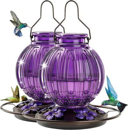 2 Pack Glass Hummingbird Feeder for Outdoors Hanging, Bird Nectar Feeder with Perch & 5 Flower Feeding Ports, 26 Oz Leak Proof for Outside Garden Decor Backyard, Gifts for Women Mom, Purple