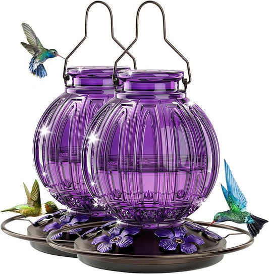 2 Pack Glass Hummingbird Feeder for Outdoors Hanging, Bird Nectar Feeder with Perch & 5 Flower Feeding Ports, 26 Oz Leak Proof for Outside Garden Decor Backyard, Gifts for Women Mom, Purple