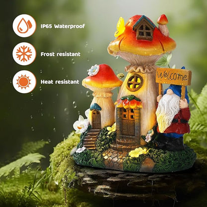 Json Solar Garden Statue Lights Mushroom Fairy House Figurine, Outdoor Memorial Garden Ornaments Waterproof Decoration for Fairy Garden,Outside Patio Yard Lawn Pathway Decor