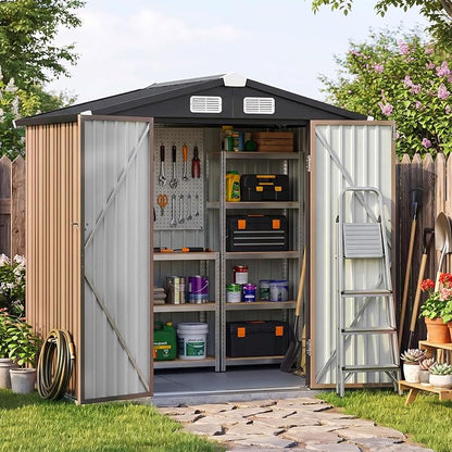6x4FT Outdoor Storage Shed with Floor Brown | Metal Garden Tool Shed with Sloping Roof & Lockable Door for Patio Lawn Backyard