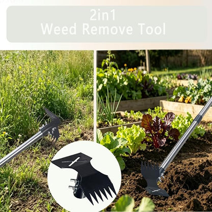 60" Weed Puller Tool with Long Handle, Heavy Duty 2-in-1 Weed Rake and Garden Hoe, Manual Weed Remover Tool for Yard, Lawn, Patio, Garden