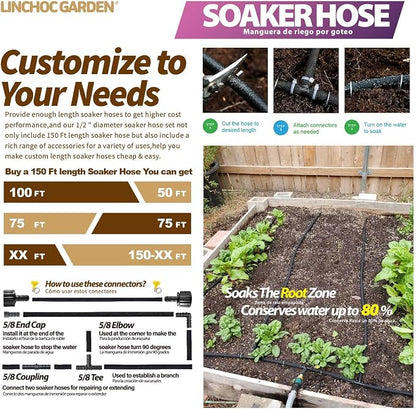 LICNCHOC GARDEN Soaker Hose 150ft,1/2 INCH Flexible Durable Garden Hose for Efficient Watering, Leak-Proof Design 100% Recycled Rubber,Ideal for Lawns,Gardens & Flower Beds