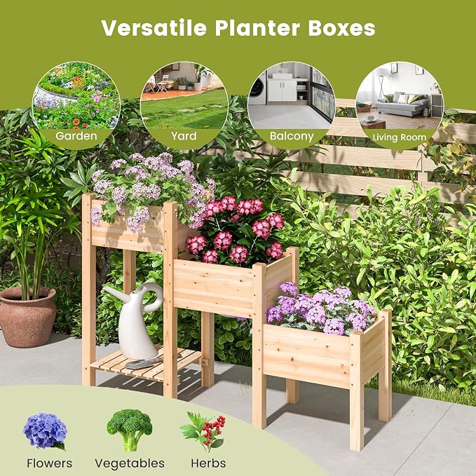 HAPPYGRILL 3-Tire Raised Garden Bed, Wooden Raised Planter Box with 3 Planter Boxes, Drainage Holes, Open Storage Shelf, Outdoor Garden Bed with Legs for Plant, Fruit, Vegetable, Flower, Herb