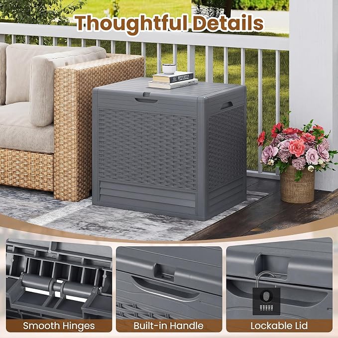 Tangkula 25 Gallon Outdoor Storage Box, Waterproof PP Resin Patio Storage Box with with Lockable Lid for Indoor & Outdoor Use, 2-in-1 Rattan Design Deck Box for Patio Cushions, Garden Tools