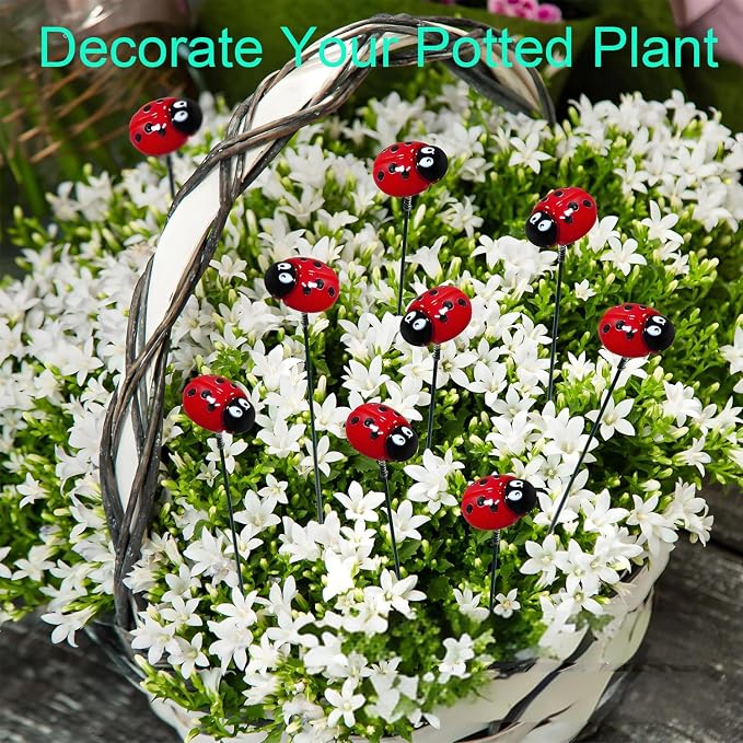 Garden Stakes Decor,10Pcs Garden Stakes Decorative Outdoor Lawn Pathway Patio Plant Pot Art Stick Yard Art Decorations for Pot Lawn Patio Corridor Flower Bed Outdoor Plant (Ladybug)