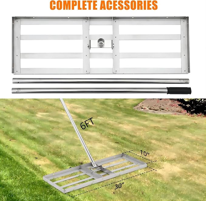 Towallmark 48"×10" Lawn Leveling Rake, Stainless Steel Lawn Leveler Rate, 180° Flexible Rotation & 6FT Extra Long Handle, Heavy-Duty Topdressing Tool for Backyard, Garden, Farm, Golf Course, Pasture