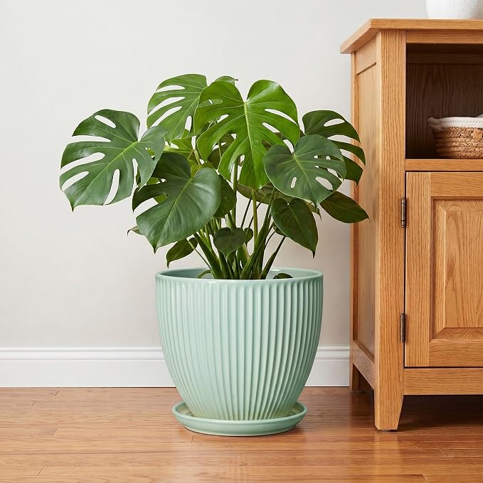 10 Inch Planter Indoor, Ceramic Pots for Plants Indoor, Decorative Plant Pots with Drainage Hole and Saucer, Large Modern Planter, Round Flower Pot, Floor Decor, Women Men Gifts, Mint Green