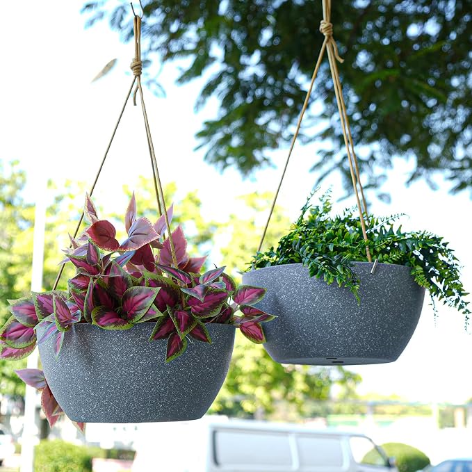 SwinDuck 13 Inch 2 Pack Large Hanging Planters for Indoor Outdoor Plants, Plastic Hanging Basket Pots for House Plants Flowers, Grey