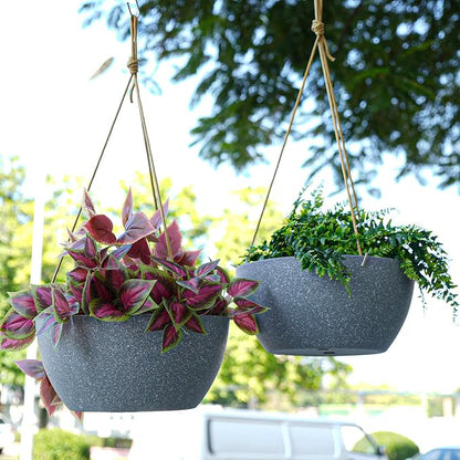 SwinDuck 13 Inch 2 Pack Large Hanging Planters for Indoor Outdoor Plants, Plastic Hanging Basket Pots for House Plants Flowers, Grey