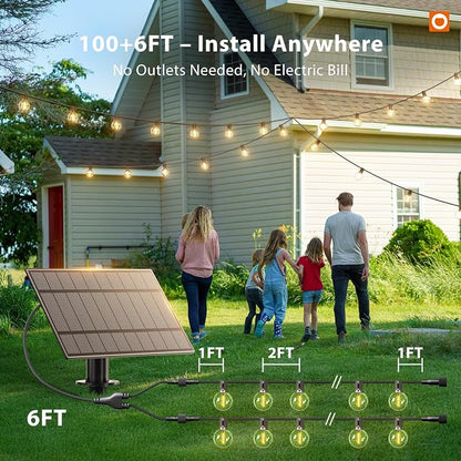addlon 100FT Solar String Lights Outdoor with Remote, 54 LED Shatterproof Bulbs, USB Charging, 20+ Hour Runtime, Dimmable & Timable, G40 Waterproof Solar Lights for Outside Backyard Patio Garden Decor