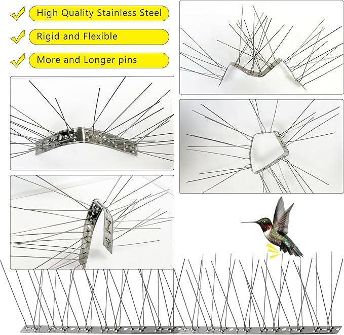 Bird Spikes,4Pcs,Stainless Steel Spikes with Base,Keep Woodpeckers Pigeon Raccoons Away,Anti Climb Spikes for Graden Patio Fence,3.28Ft
