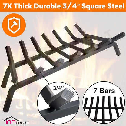 Fireplace Log Grate 30 inch 7 Bar Fire Grates Heavy Duty 3/4” Wide Solid Steel Indoor Chimney Hearth Outdoor Fire Place Kindling Tool Pit Wrought Iron Wood Stove Firewood Burning Rack Holder