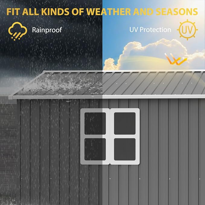 PVWIIK 12x10 FT Metal Outdoor Storage Shed with Floor Frame, Heavy Duty Waterproof Steel Garden Tool Shed with Lockable Doors, Utility Storage Building for Backyard Patio Lawn Garden, Grey
