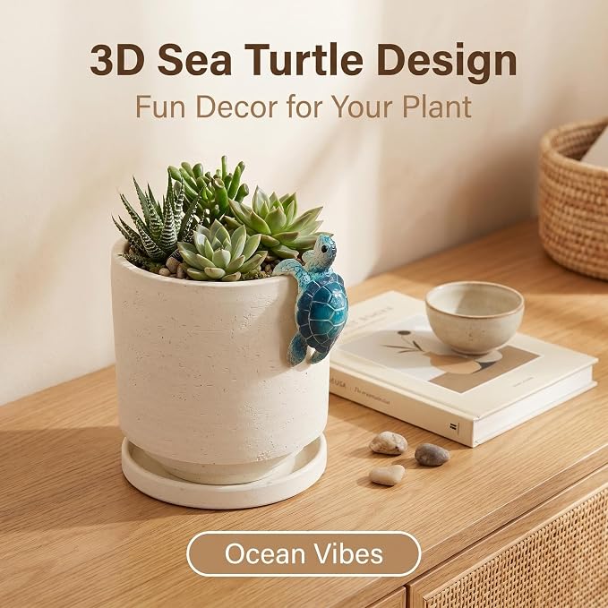 Ceramic Plant Pot with Resin Climbing Tortoise Figure, 5.75 Inch,White | Drainage Hole and Saucer, Cylinder Shape, Indoor Use, Home Garden