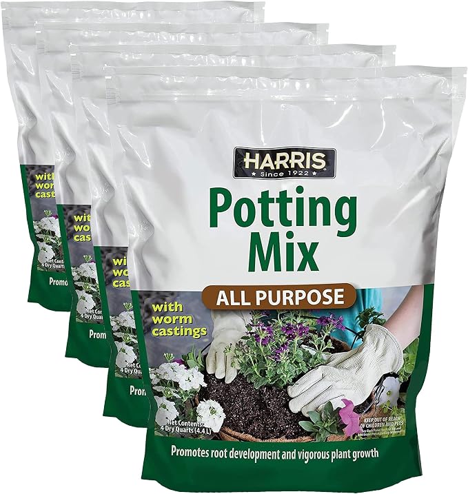 Harris All Purpose Premium Potting Soil Mix with Worm Castings and Other Nutrients, 4 Quarts (Pack of 4)