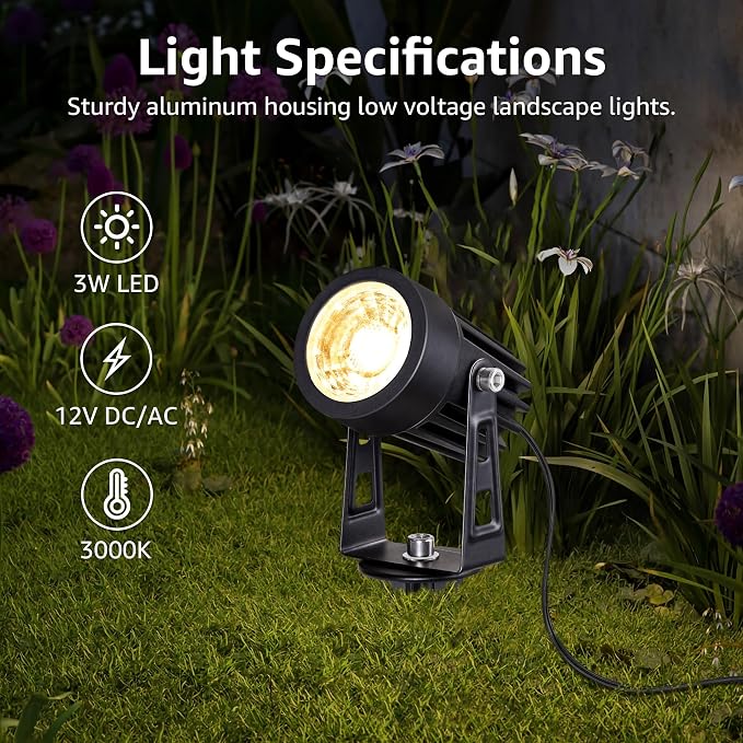 SUNVIE 3W Low Voltage Landscape Lighting Spot Lights with Connectors 8Pack | Waterproof Low Voltage Spotlight 3000K Warm White Outdoor LED Landscape Lights for Yard Garden House Tree Wall