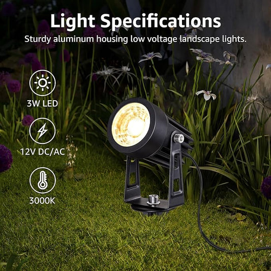 SUNVIE 3W Low Voltage Landscape Lighting Spot Lights with Connectors 8Pack | Waterproof Low Voltage Spotlight 3000K Warm White Outdoor LED Landscape Lights for Yard Garden House Tree Wall
