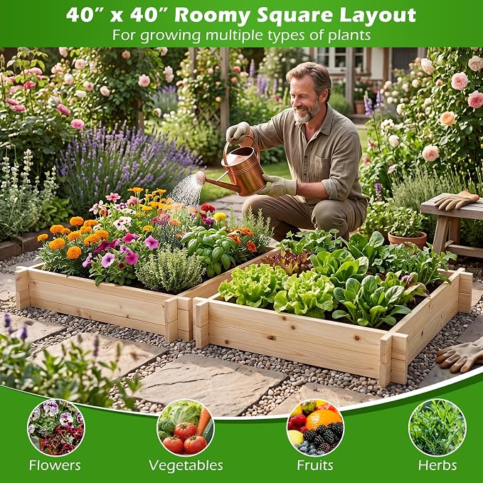 Giantex Wooden Raised Garden Bed, 40" x 40" Square Fir Wood Planter Box with Open-Ended Base for Vegetables Flowers Herbs, Easy Assembly, Elevated Planter for Patio, Backyard, Garden and Balcony