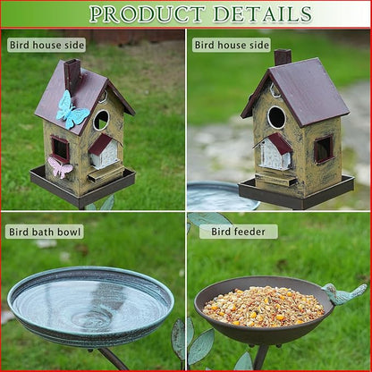 HLQMFHT 38" H Cast Iron Pedestal Bird Baths for Outdoors,3 in 1 Metal Bird Bath Bowl with Bird Houses and Bird Feeder,Garden Yard Decor