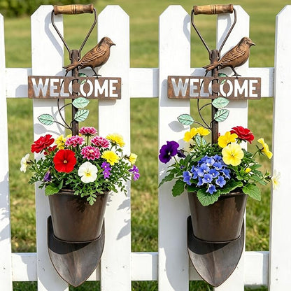 2Pcs Metal Wall Planter ,Vintage Wall Hanging Planter with Welcome Sign | wall decor; Rustic Farmhouse Wall Decor with Bird, Garden Wall Plant Holder for Porch Patio Entryway