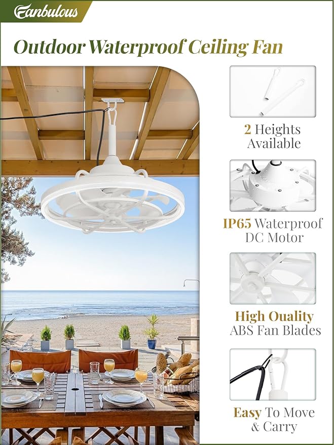 Fanbulous Outdoor Ceiling Fans with Light for Patios, 20" Weatherproof Plug in Ceiling Fan, Gazebo Fan Remote&APP Control, 3CCT Dimmable,Caged Ceiling Fan with Hanging Hook for Porch, Pergola,Canopy